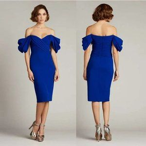 Tadashi Shoji Ezabell Puff Sleeve Draped Crepe Midi Dress Lapis Size: XL NWT